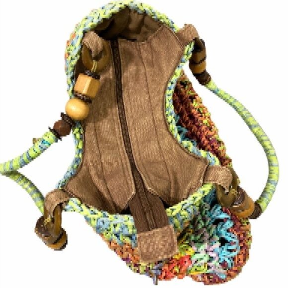 Cappelli Straworld Shoulder Bag Boho Rainbow Colors Beaded Handles Zipper Green - Picture 3 of 5